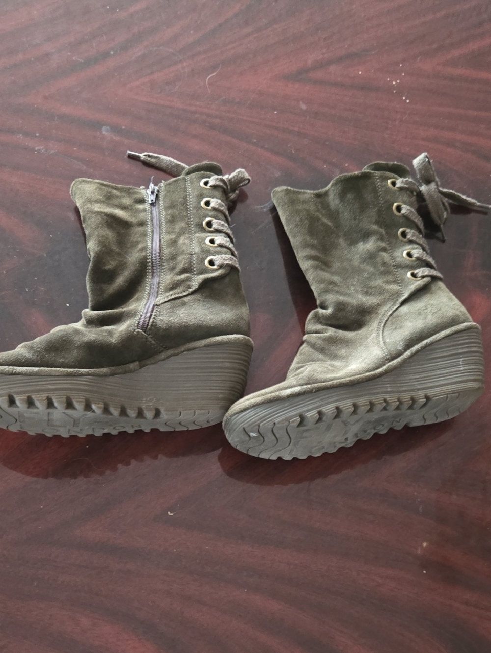 Fly London Olive Suede Lace-Up Wedge Ankle Boots